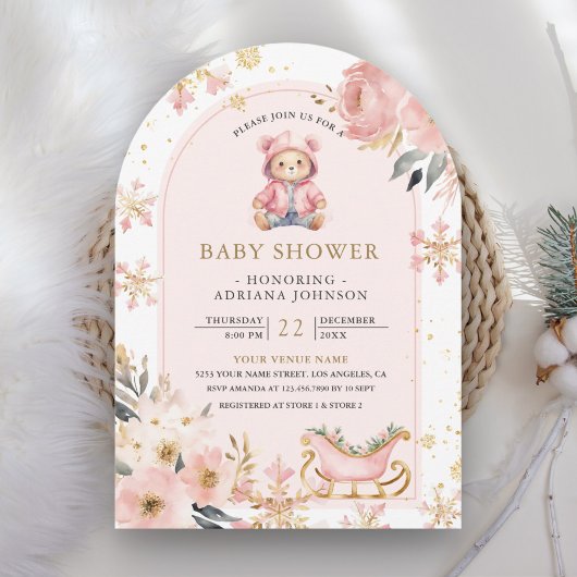 Roze Bloemen Winter Teddy Bear Arch Baby shower Kaart