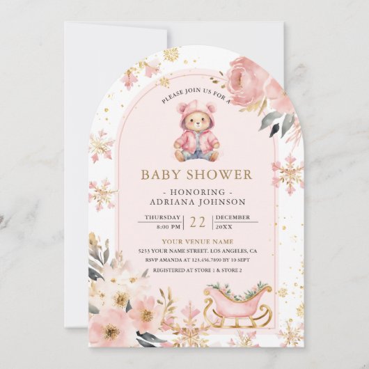 Roze Bloemen Winter Teddybeer Foto Baby shower Kaart (Voorkant)