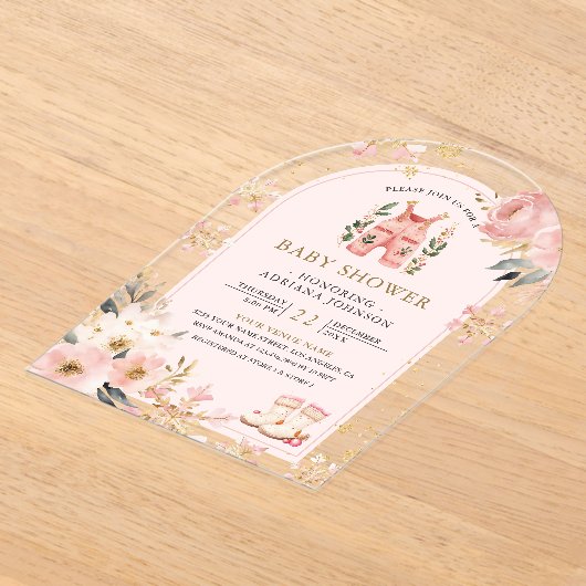 Roze Bloemen Winter Wonderland Arch Baby shower Acryl Uitnodigingen (Laagn)