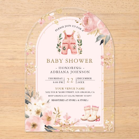 Roze Bloemen Winter Wonderland Arch Baby shower Acryl Uitnodigingen (Voorkant)