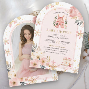 Roze Bloemen Winter Wonderland Foto Baby shower Kaart
