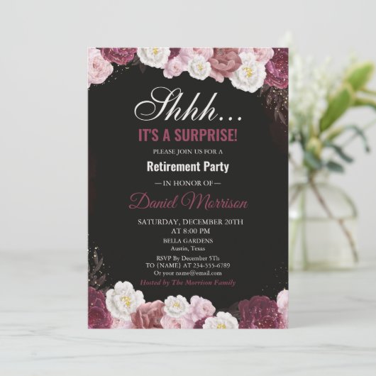 Roze Bloemen Wit Goud Verrassing Pensioenfeest Kaart (Staand voorkant)