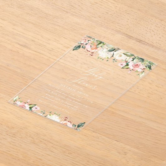 Roze bloemen, witte bloemen, Boho, Baby shower Acryl Uitnodigingen (Laagn)