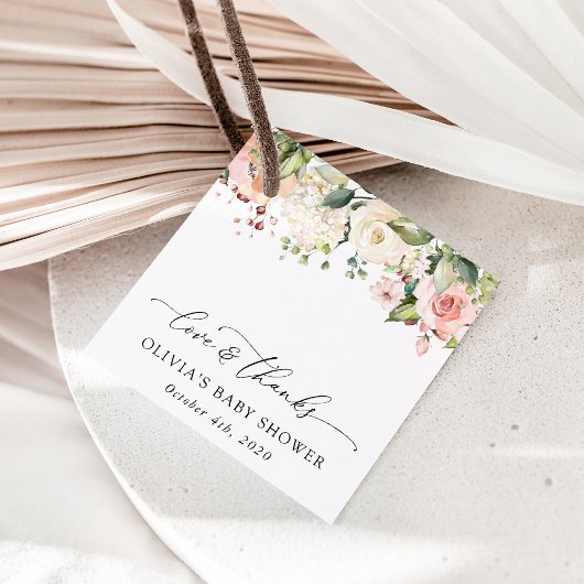 Roze bloemen, witte bloemen, Boho, Baby shower Bedankjes Labels