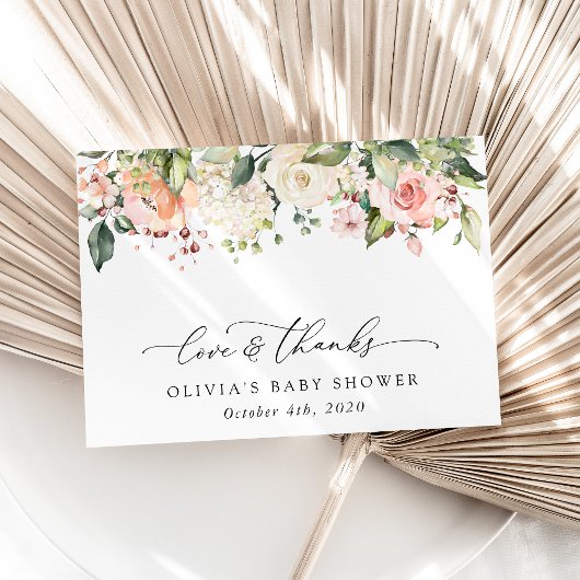 Roze bloemen, witte bloemen, Boho, Baby shower Bedankkaart