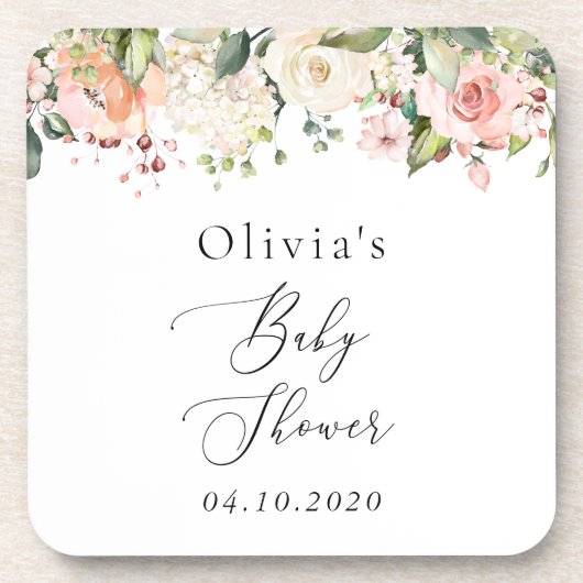 Roze bloemen, witte bloemen, Boho, Baby shower Bier Onderzetter (Voorkant)