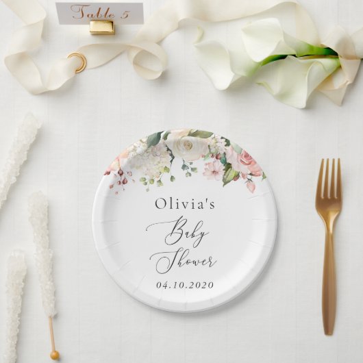Roze bloemen, witte bloemen, Boho, Baby shower Papieren Bordje (Huwelijk)