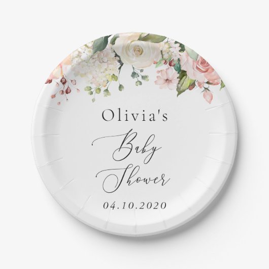 Roze bloemen, witte bloemen, Boho, Baby shower Papieren Bordje (Voorkant)