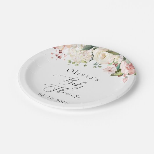 Roze bloemen, witte bloemen, Boho, Baby shower Papieren Bordje (Gekanteld)