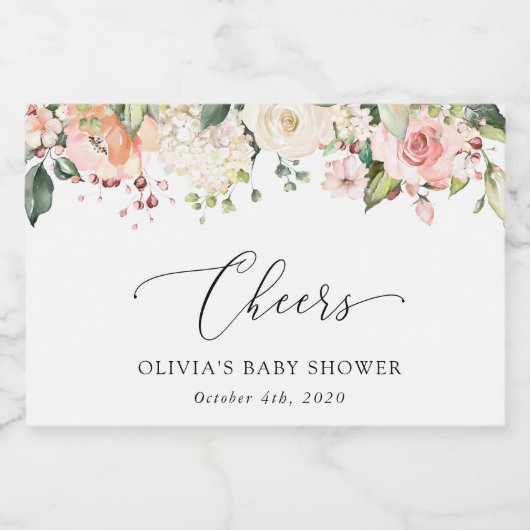 Roze bloemen, witte bloemen, Boho, Baby shower Sparkling Wijnetiket (Enkel label)