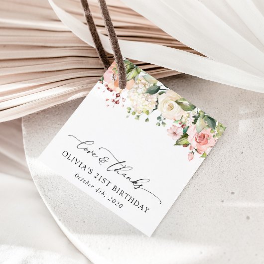 Roze bloemen, witte bloemen, Boho, Birthday Bedankjes Labels