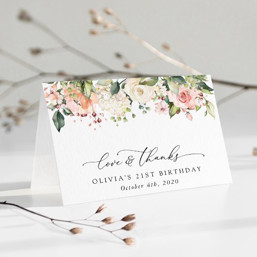 Roze bloemen, witte bloemen, Boho, Birthday Bedankkaart