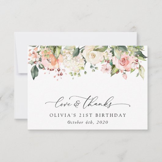 Roze bloemen, witte bloemen, Boho, Birthday Bedankkaart (Voorkant)