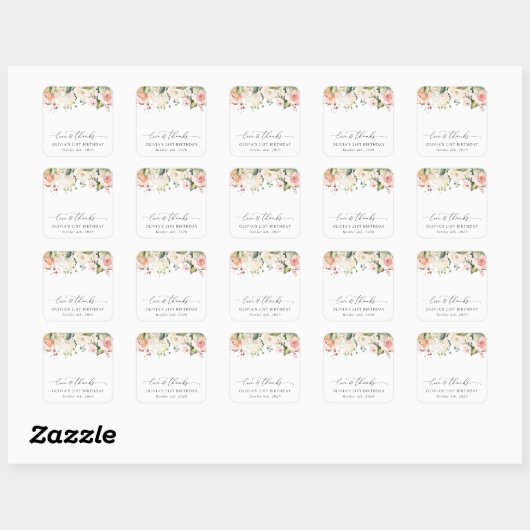 Roze bloemen, witte bloemen, Boho, Birthday Vierkante Sticker (Vel)