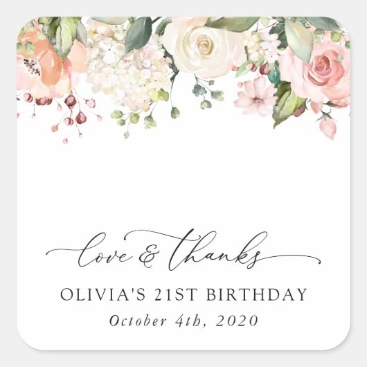 Roze bloemen, witte bloemen, Boho, Birthday Vierkante Sticker (Voorkant)