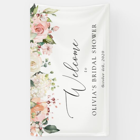 Roze bloemen, Witte bloemen, Boho, Bridal Welkom Spandoek (Verticaal)