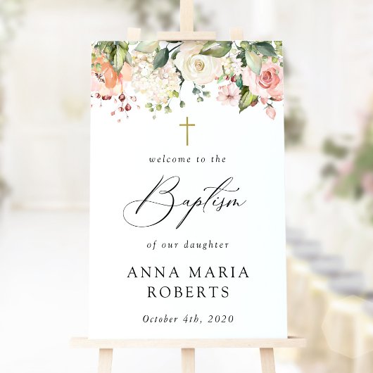 Roze Bloemen, Witte Bloemen, Boho, Doop Welkom Poster