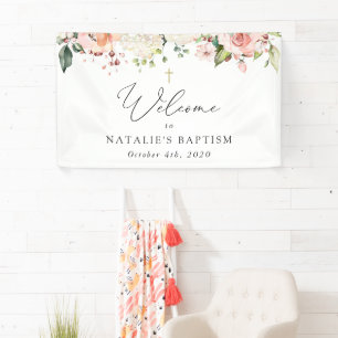 Roze Bloemen, Witte Bloemen, Boho, Doop Welkom Spandoek