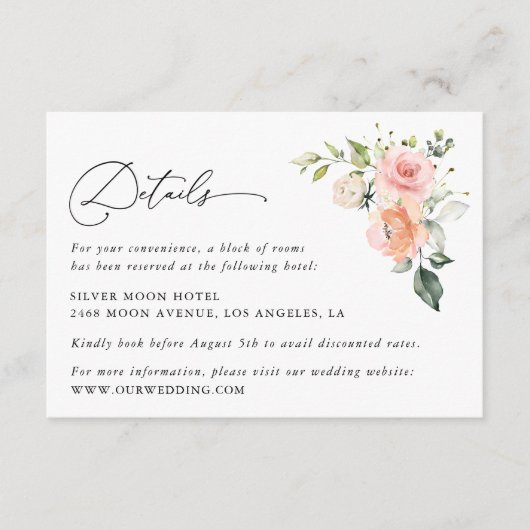 Roze bloemen, Witte bloemen, Boho, huwelijksgegeve Informatiekaartje (Voorkant)