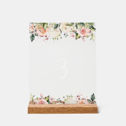 Roze bloemen, witte bloemen, Boho, tabelnummers Acryl Bord (Voorkant)