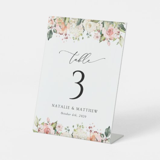 Roze bloemen, witte bloemen, Boho, tabelnummers Reclamebord Met Voetstuk (Voorkant)