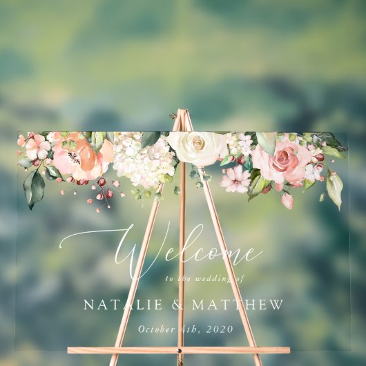 Roze Bloemen, Witte Bloemen, Boho, Trouw Welkom Acryl Bord (Neutraal)