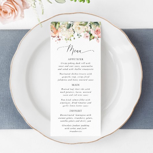 Roze Bloemen, Witte Bloemen, Boho, Trouwmenu Menu