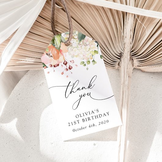 Roze Bloemen, Witte Bloemen, Boho, Verjaardag Cadeaulabel