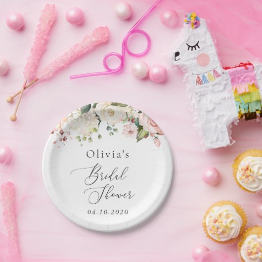 Roze bloemen, witte bloemen, Boho, Vrijgezellenfee Papieren Bordje (Feest)