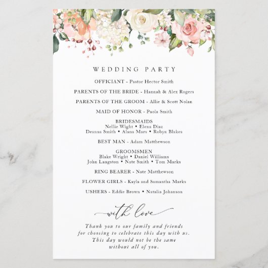 Roze bloemen, Witte bloemen, Boho, Weddenprogramma (Achterkant)