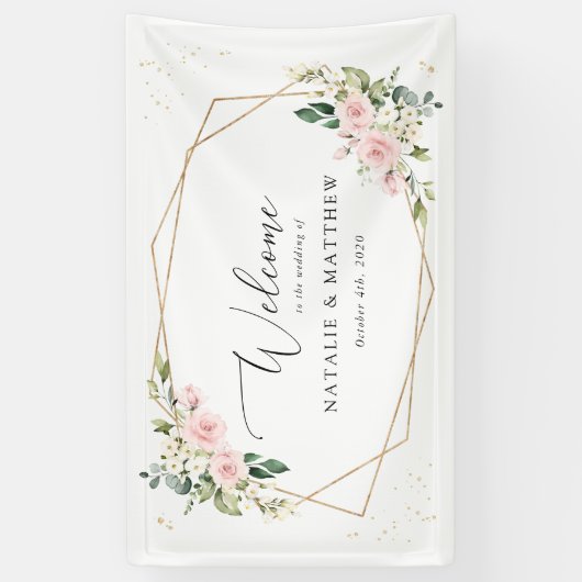 Roze bloemen, Witte bloemen, Boho, Weddenschap Spandoek (Verticaal)