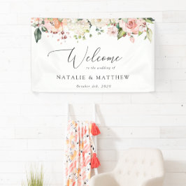 Roze bloemen, Witte bloemen, Boho, Weddenschap Spandoek