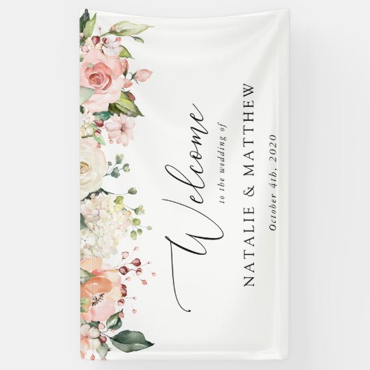 Roze bloemen, Witte bloemen, Boho, Weddenschap Spandoek (Verticaal)