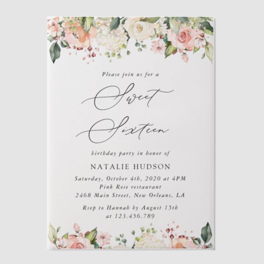 Roze bloemen, witte bloemen, Boho, zoet 16 Vellum Uitnodigingen (Voorkant)