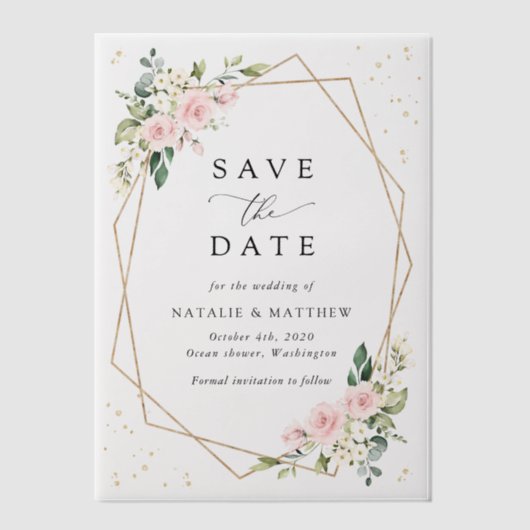 Roze bloemen, witte bloemen, bruiloft save the dat vellum uitnodigingen (Voorkant)