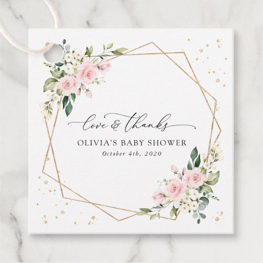 Roze bloemen, witte bloemen, groen, Baby shower Bedankjes Labels (Voorkant)
