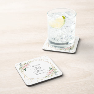 Roze bloemen, witte bloemen, groen, Baby shower Bier Onderzetter