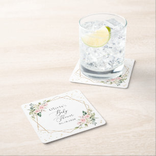 Roze bloemen, witte bloemen, groen, Baby shower Kartonnen Onderzetters