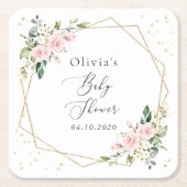 Roze bloemen, witte bloemen, groen, Baby shower Kartonnen Onderzetters (Voorkant)