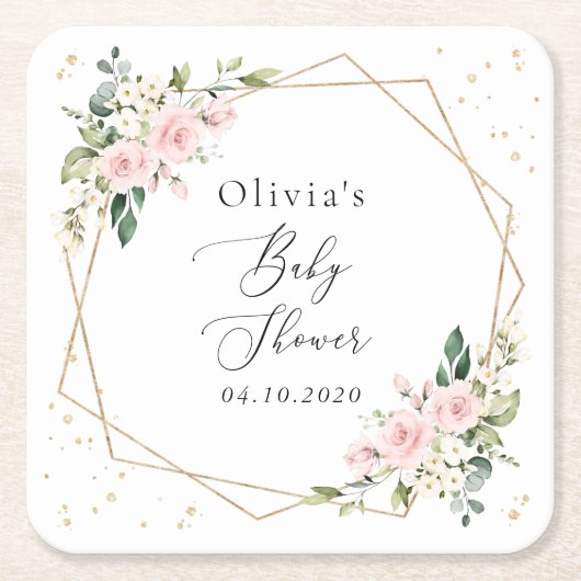 Roze bloemen, witte bloemen, groen, Baby shower Kartonnen Onderzetters (Voorkant)