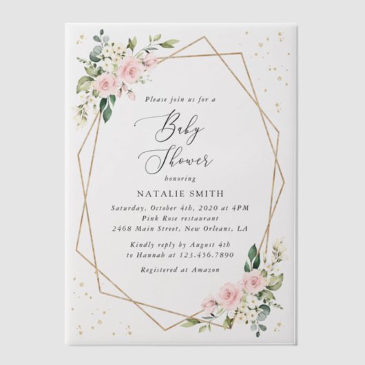 Roze bloemen, witte bloemen, groen, Baby shower Vellum Uitnodigingen (Voorkant)