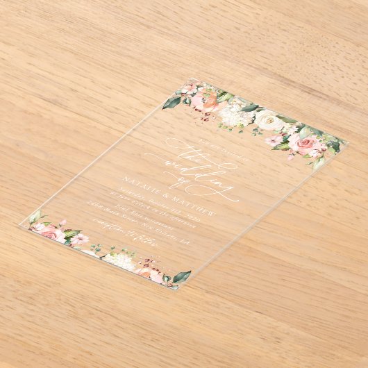 Roze bloemen, witte bloemen, groen, bruiloft acryl uitnodigingen (Laagn)