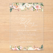 Roze bloemen, witte bloemen, groen, bruiloft acryl uitnodigingen (Voorkant)