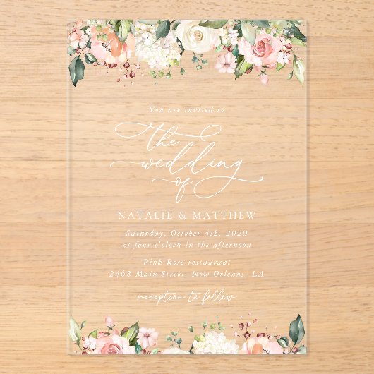 Roze bloemen, witte bloemen, groen, bruiloft acryl uitnodigingen (Voorkant)