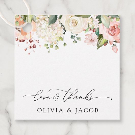 Roze bloemen, witte bloemen, groen, bruiloft bedankjes labels (Voorkant)