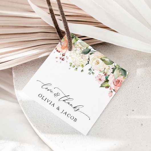 Roze bloemen, witte bloemen, groen, bruiloft bedankjes labels