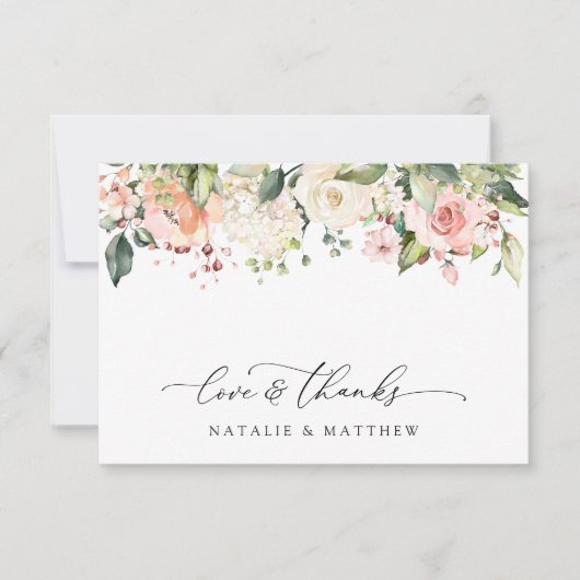 Roze bloemen, witte bloemen, groen, bruiloft bedankkaart (Voorkant)