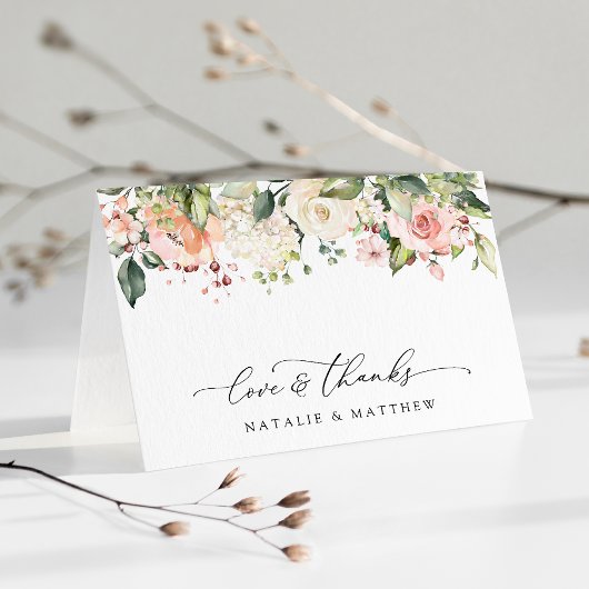 Roze bloemen, witte bloemen, groen, bruiloft bedankkaart