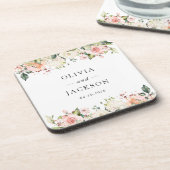 Roze bloemen, witte bloemen, groen, bruiloft bier onderzetter (Linkerzijde)