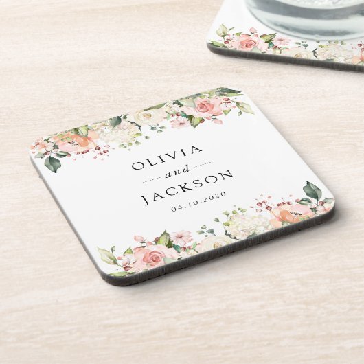 Roze bloemen, witte bloemen, groen, bruiloft bier onderzetter (Linkerzijde)